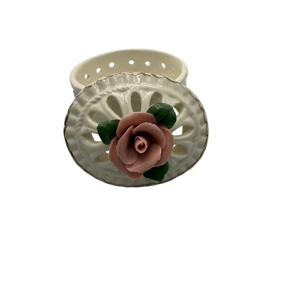 Vintage Ceramic Rose Trinket Box Lattice Heart Cutout Pink Gold Trim Small Oval